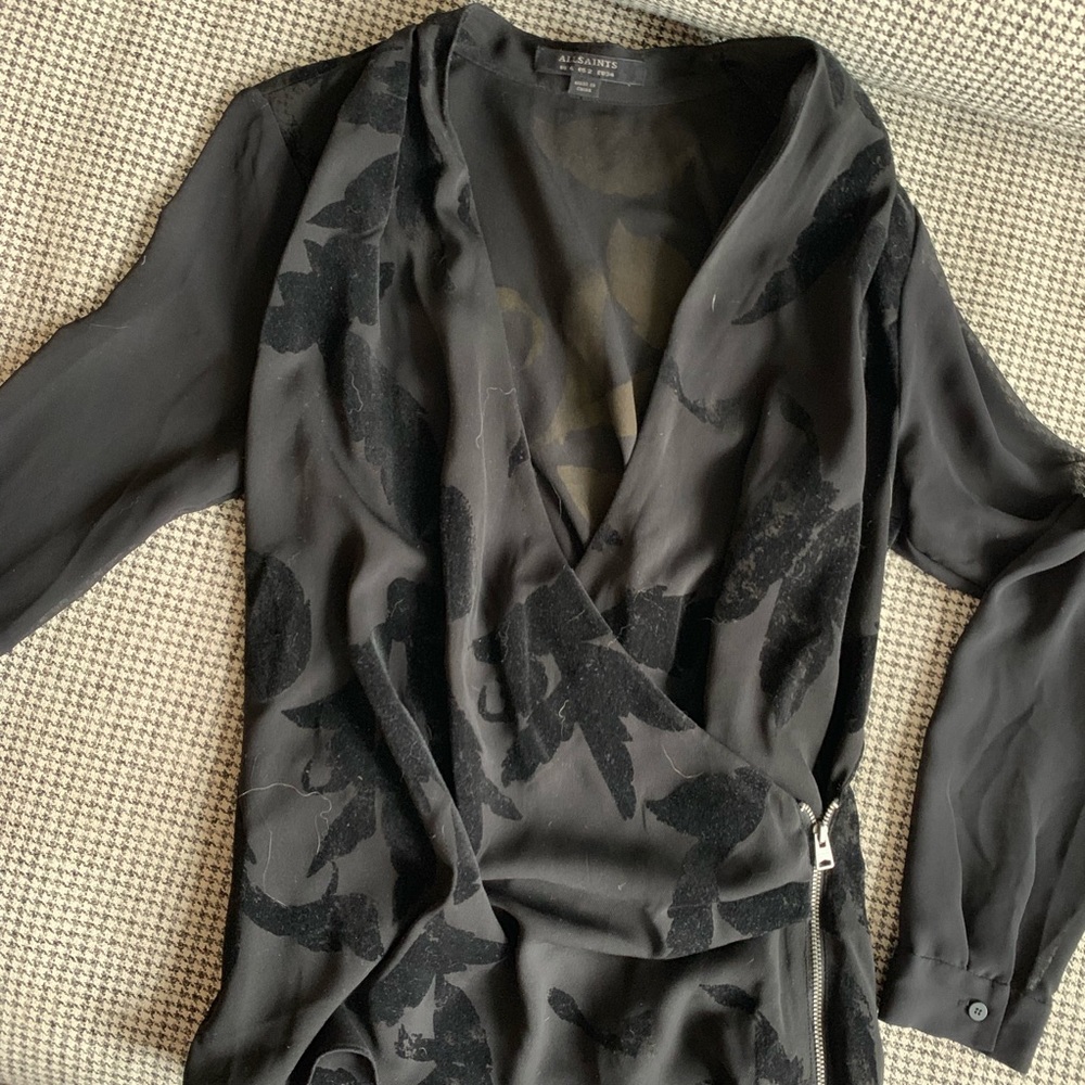 All saints sheer sleeve, deep v, velvet formal top